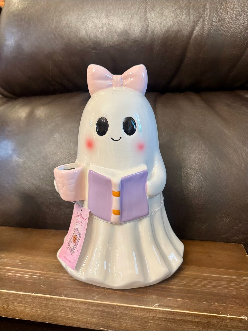 Cute Pink & White Ghost Figurine with Book and Bow